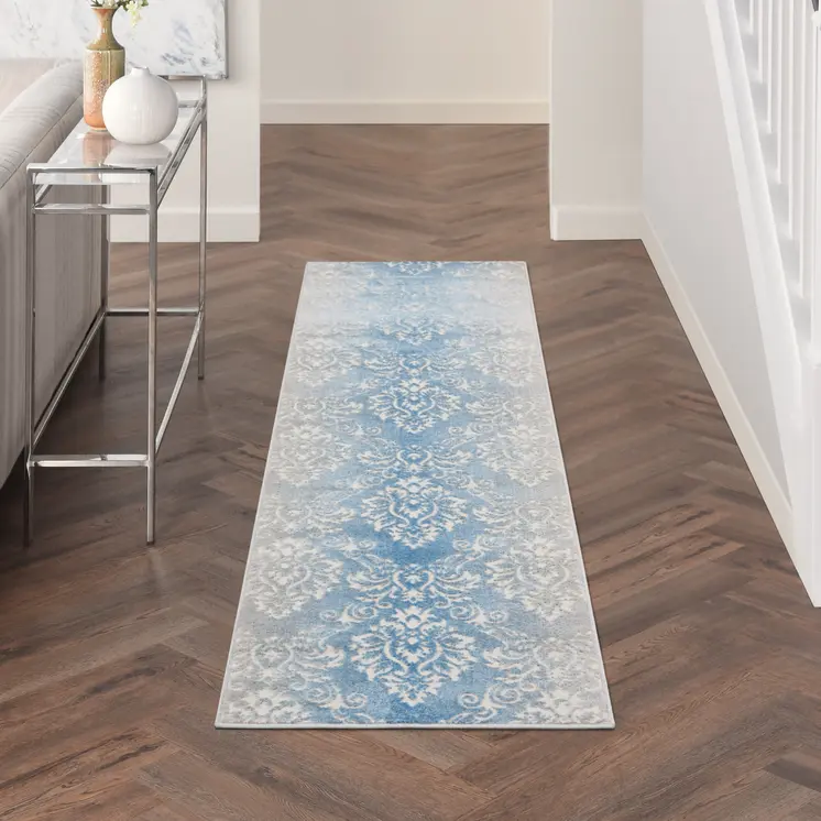 8' Blue and Ivory Damask Distressed Non Skid Runner Rug
