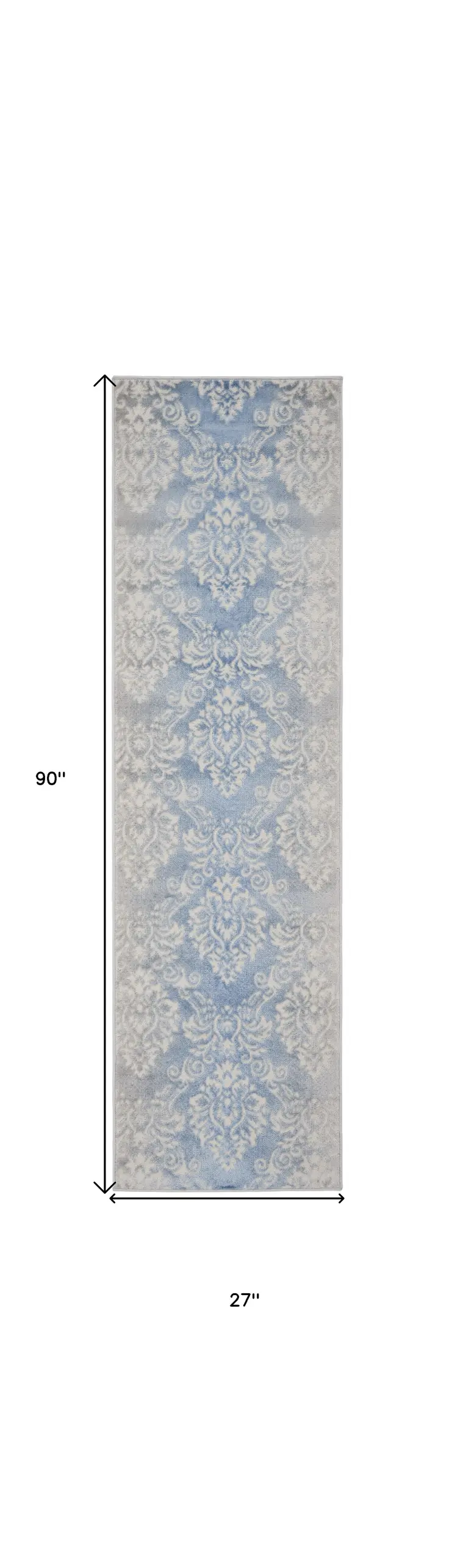 8' Blue and Ivory Damask Distressed Non Skid Runner Rug