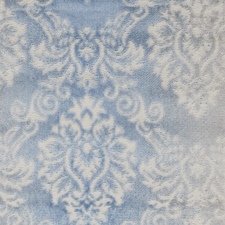 8' Blue and Ivory Damask Distressed Non Skid Runner Rug
