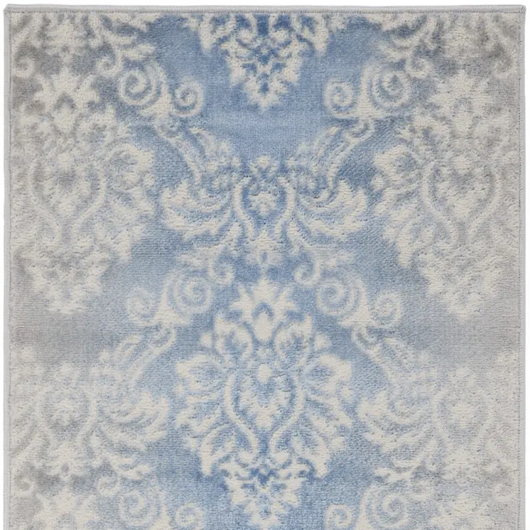 8' Blue and Ivory Damask Distressed Non Skid Runner Rug
