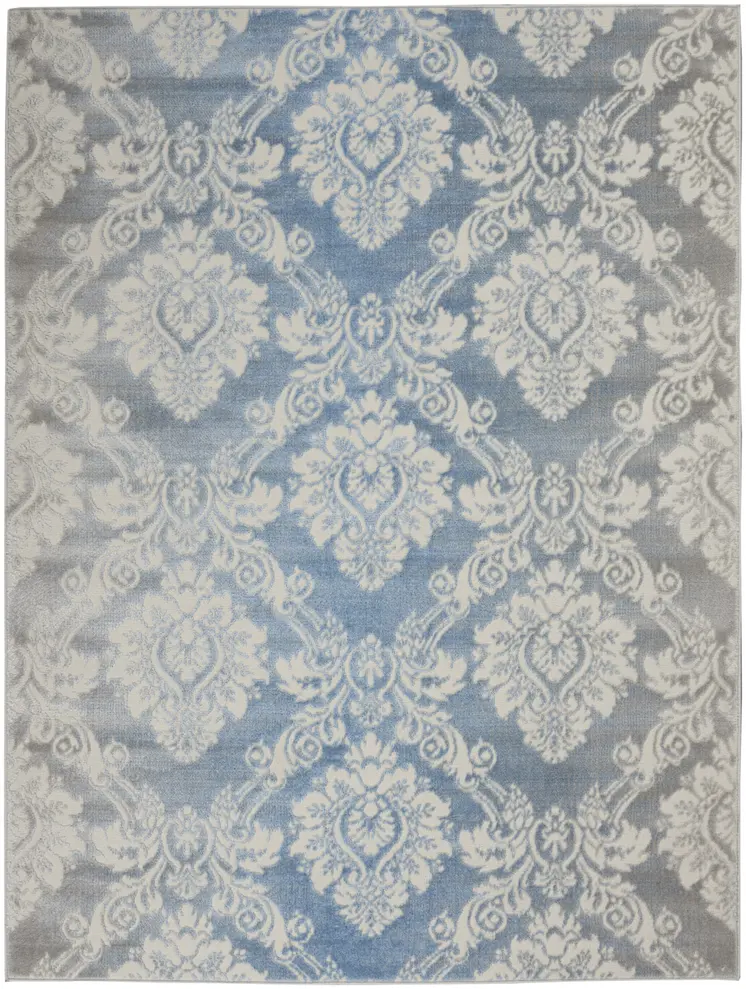 4' X 6' Blue and Ivory Damask Distressed Non Skid Area Rug