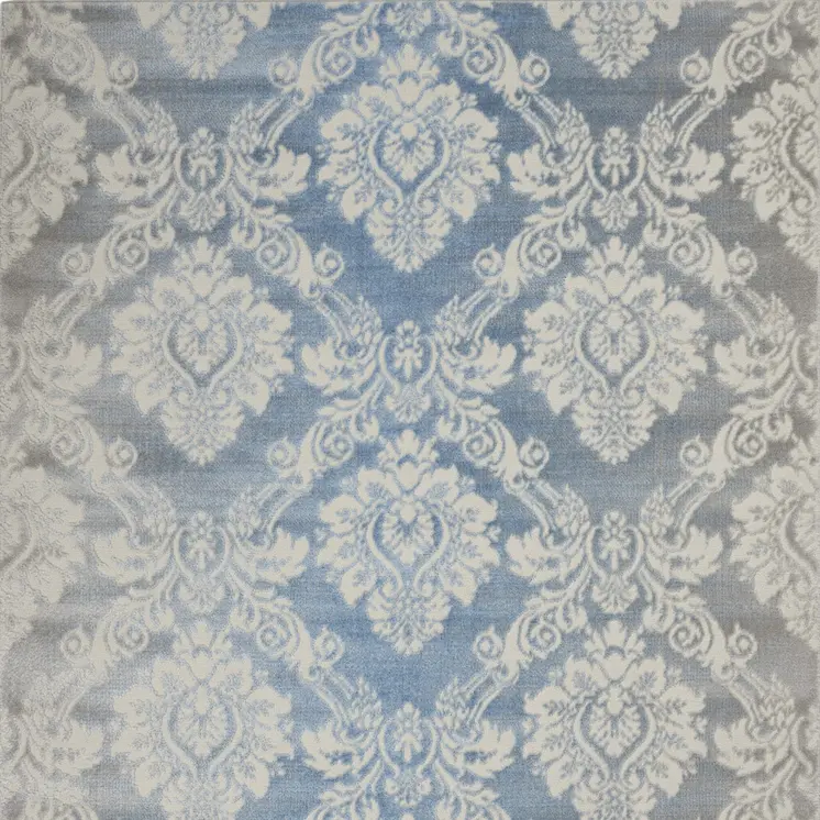 4' X 6' Blue and Ivory Damask Distressed Non Skid Area Rug