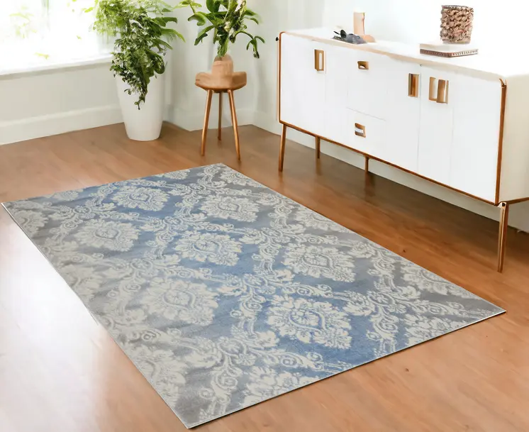 4' X 6' Blue and Ivory Damask Distressed Non Skid Area Rug