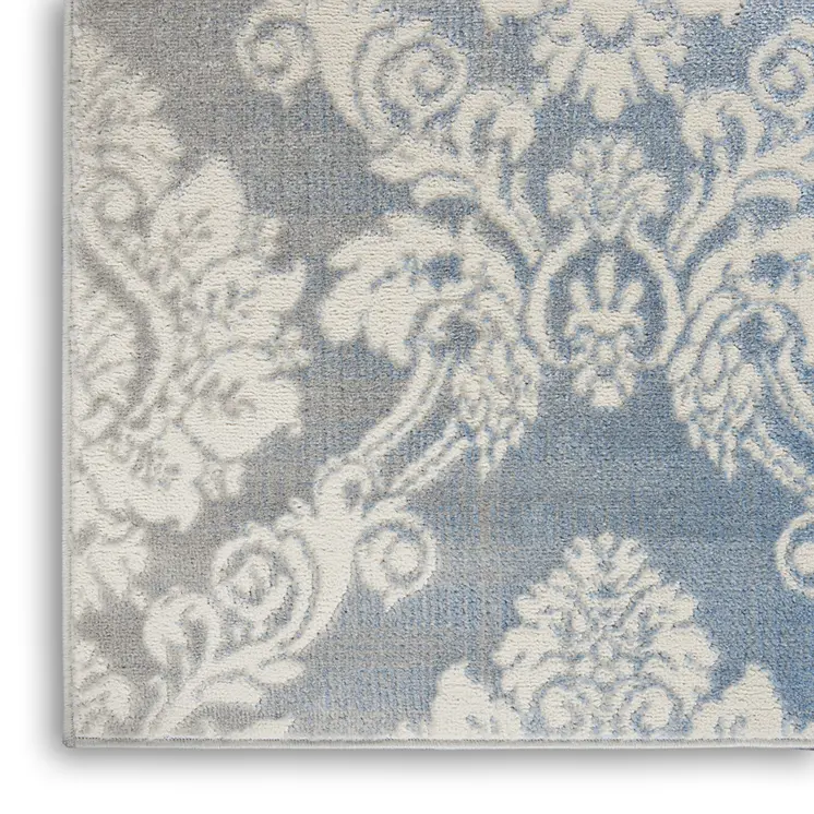 4' X 6' Blue and Ivory Damask Distressed Non Skid Area Rug