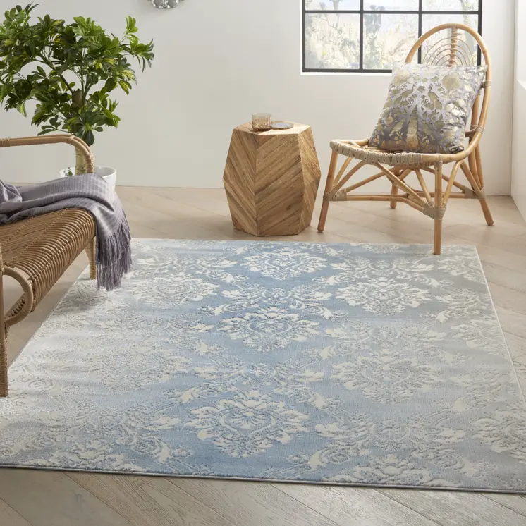 4' X 6' Blue and Ivory Damask Distressed Non Skid Area Rug