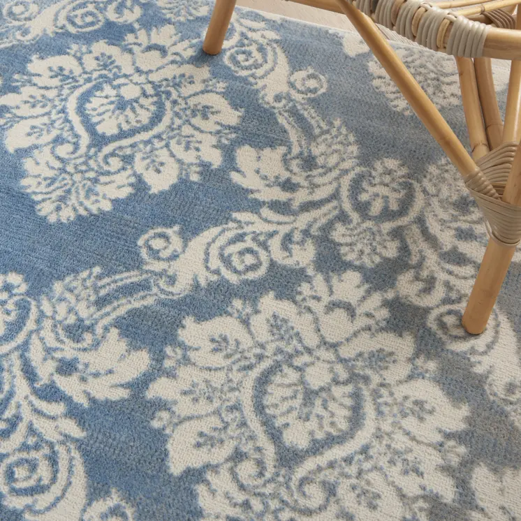 4' X 6' Blue and Ivory Damask Distressed Non Skid Area Rug
