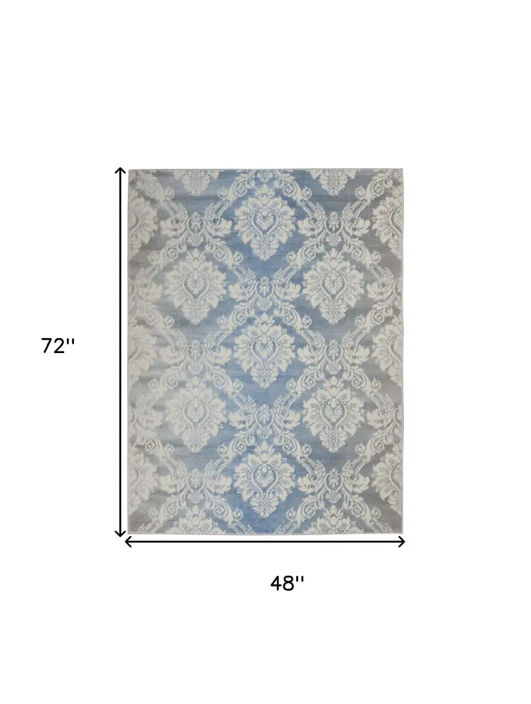 4' X 6' Blue and Ivory Damask Distressed Non Skid Area Rug