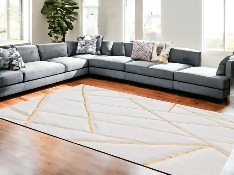 6' X 9' White and Gold Faux Sheepskin Abstract Geometric Machine Tufted Washable Non Skid Area Rug