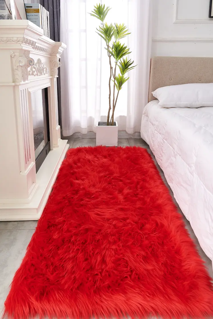 2' X 5' Red Faux Sheepskin Shag Washable Area Rug