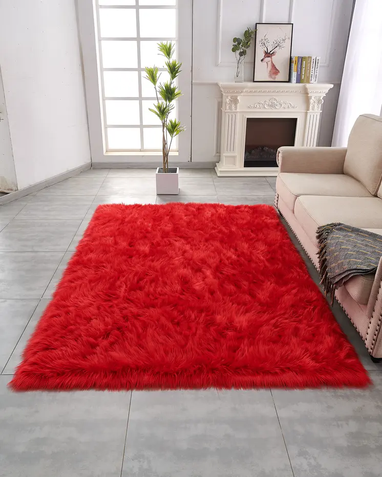 4' X 6' Red Faux Sheepskin Shag Washable Area Rug