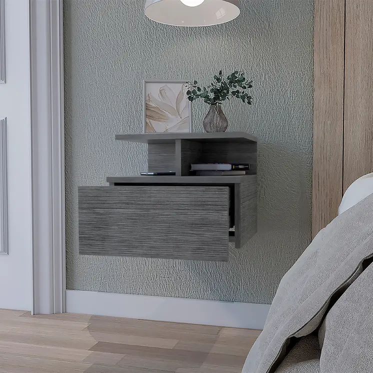12" Gray Wood One Drawer Floating Nightstand