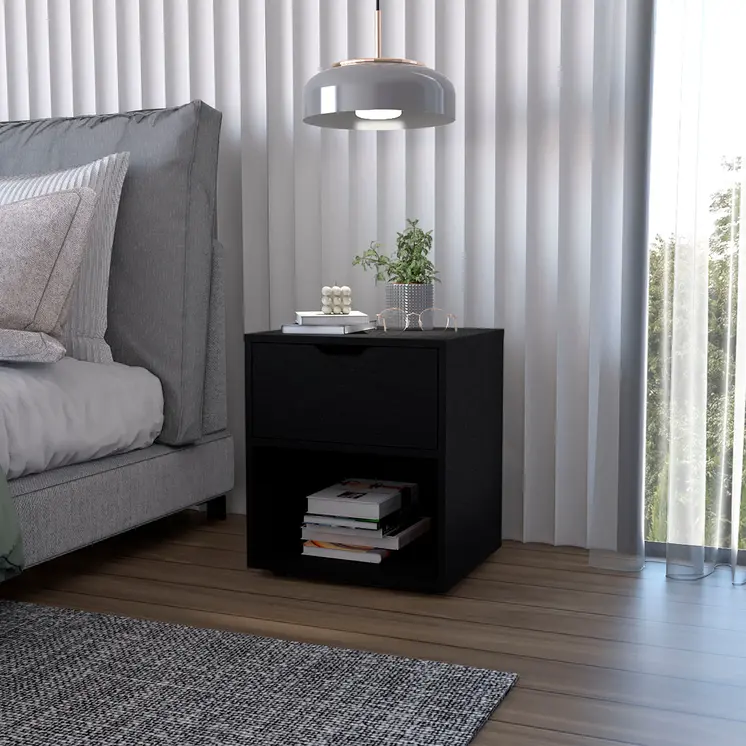 20" Black Wood One Drawer Nightstand