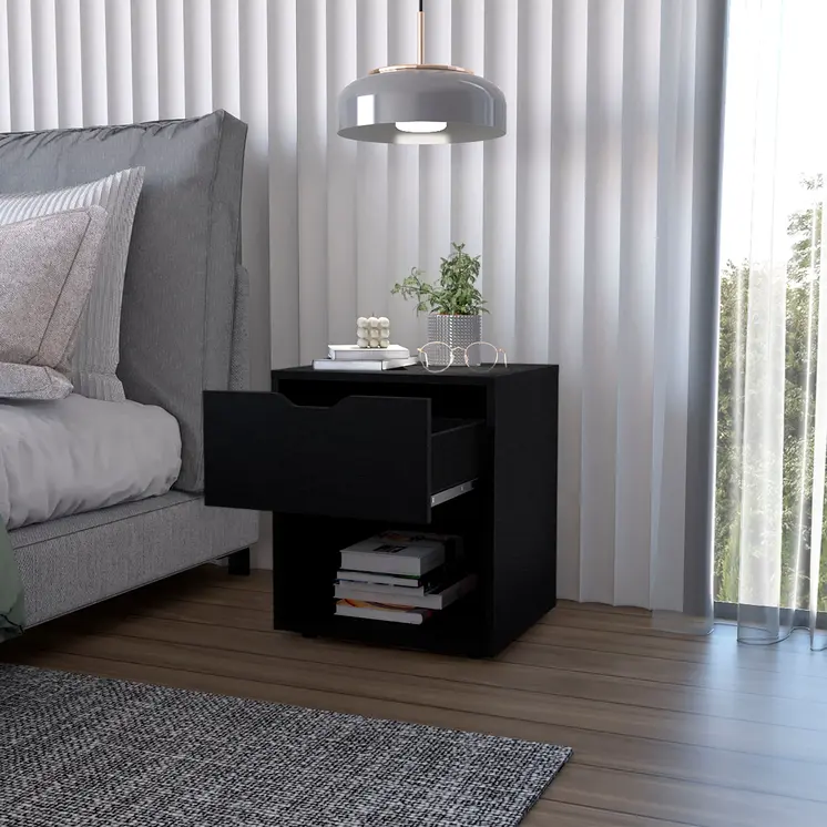 20" Black Wood One Drawer Nightstand