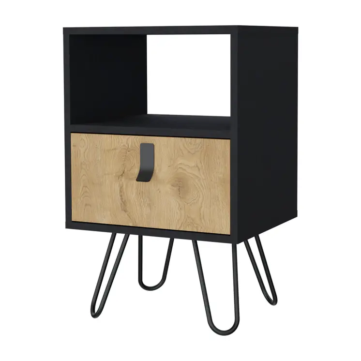 30" Black And Natural Wood One Drawer Nightstand