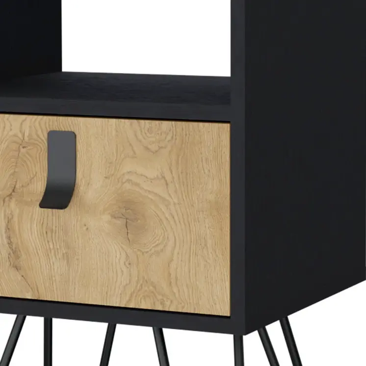 30" Black And Natural Wood One Drawer Nightstand