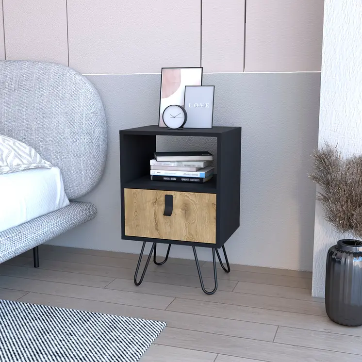 30" Black And Natural Wood One Drawer Nightstand