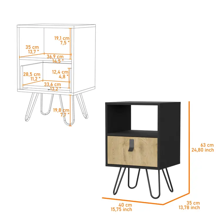 30" Black And Natural Wood One Drawer Nightstand