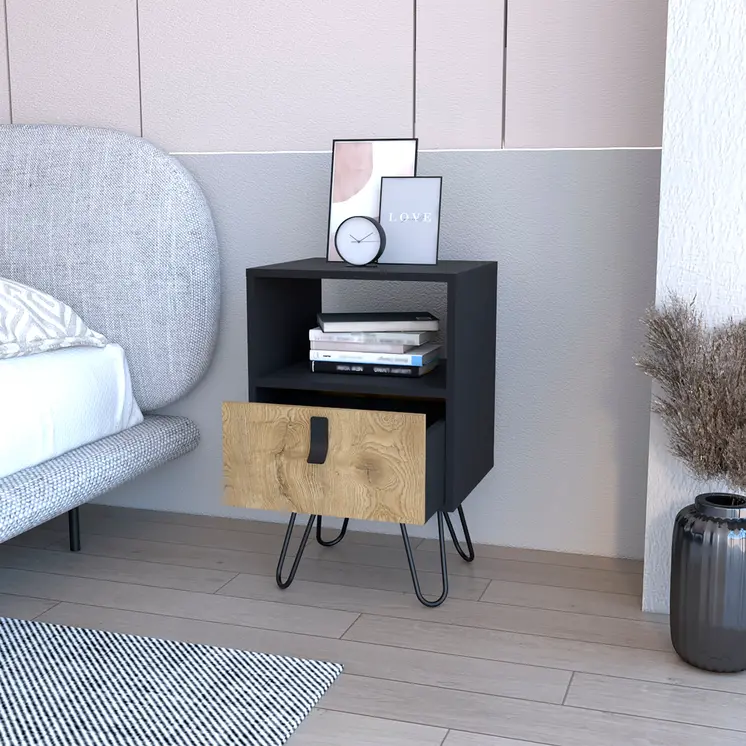 30" Black And Natural Wood One Drawer Nightstand