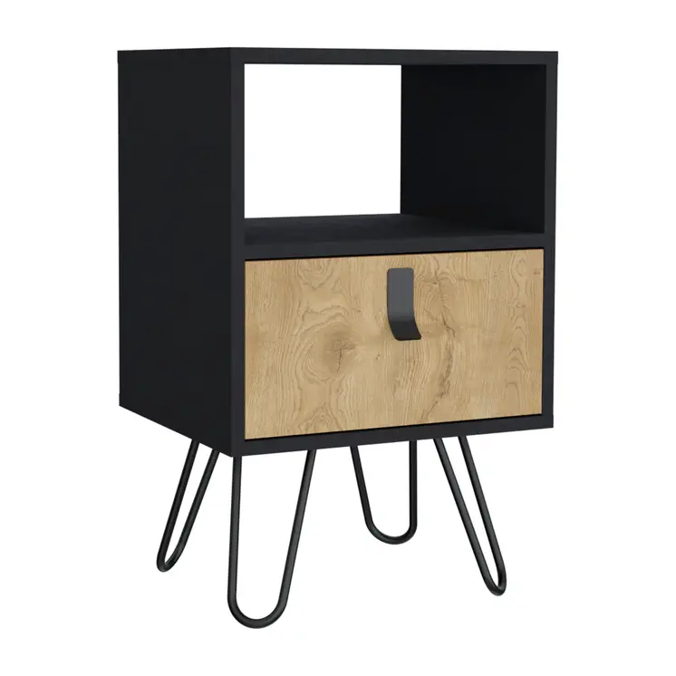 30" Black And Natural Wood One Drawer Nightstand