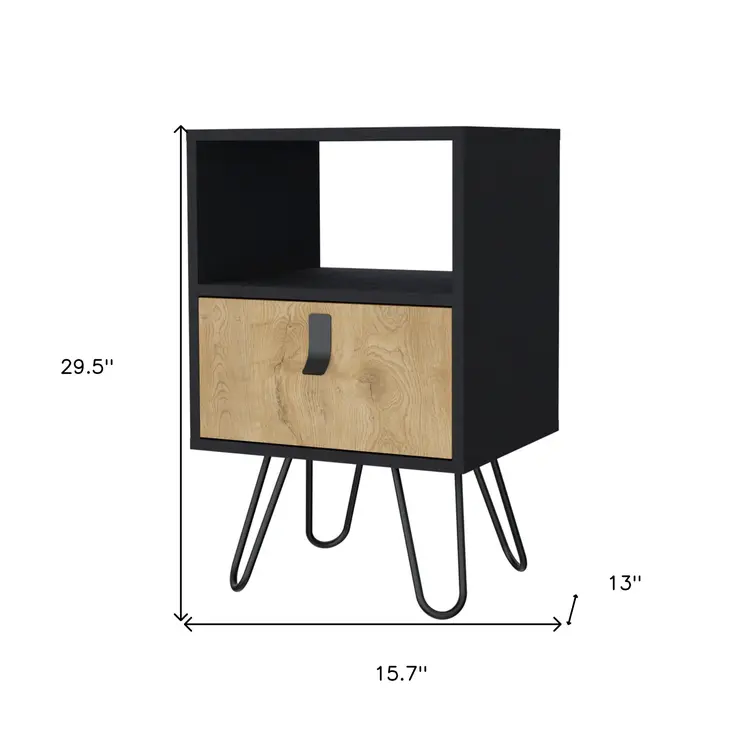 30" Black And Natural Wood One Drawer Nightstand