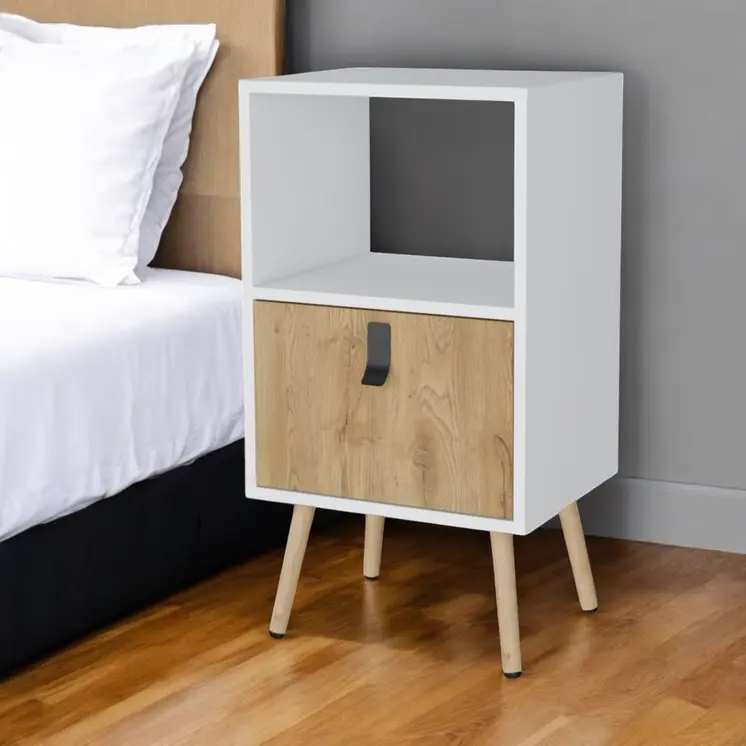 30" White And Natural Wood One Drawer Nightstand