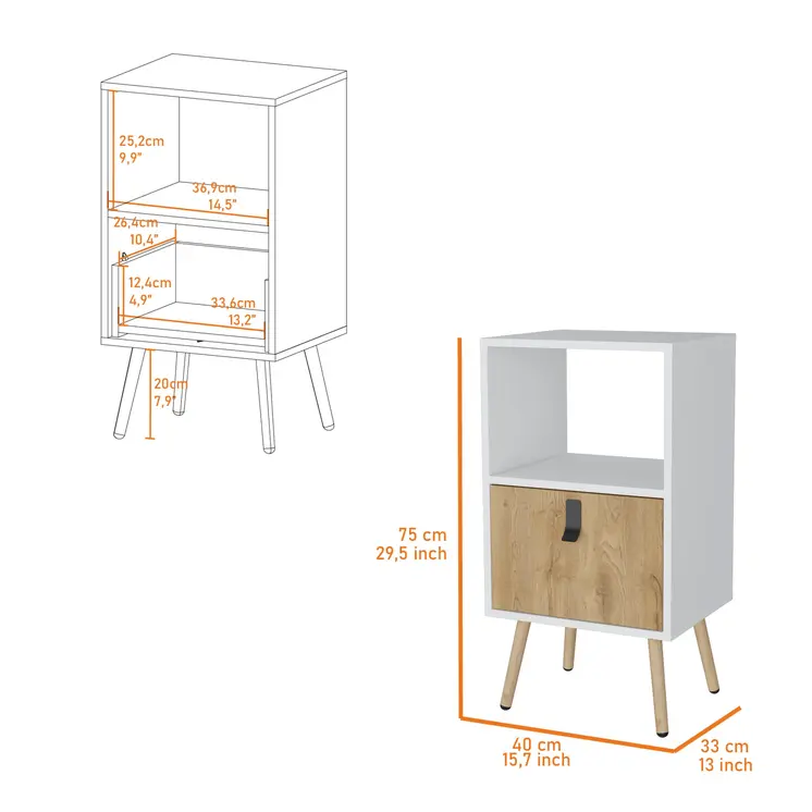 30" White And Natural Wood One Drawer Nightstand