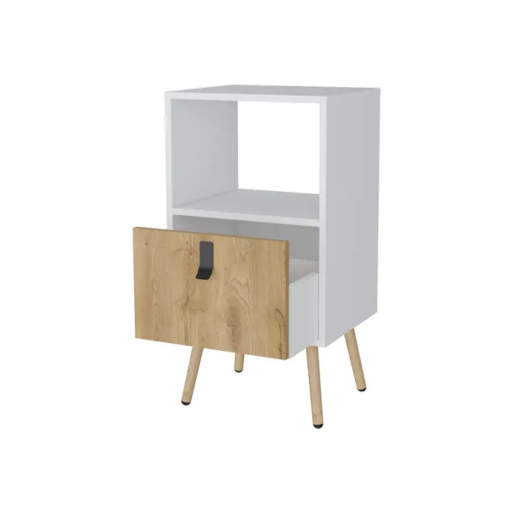 30" White And Natural Wood One Drawer Nightstand