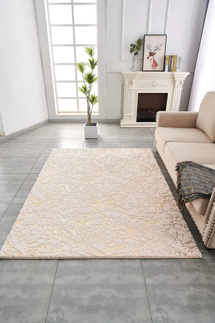 3' X 5' Beige and Gold Faux Fur Abstract Shag Non Skid Area Rug
