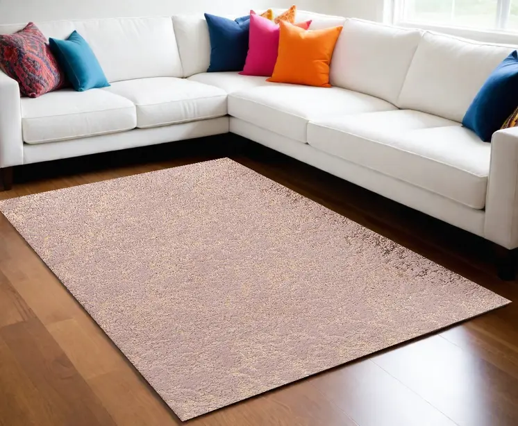8' X 11' Pink and Gold Faux Fur Abstract Shag Non Skid Area Rug