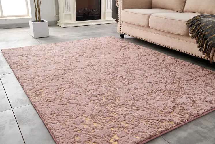 8' X 11' Pink and Gold Faux Fur Abstract Shag Non Skid Area Rug