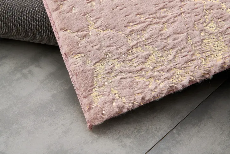 8' X 11' Pink and Gold Faux Fur Abstract Shag Non Skid Area Rug