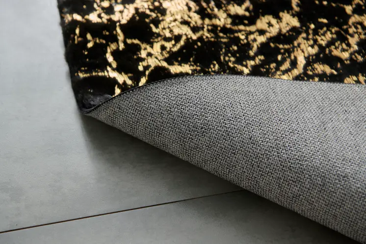 3' X 5' Black and Gold Faux Fur Abstract Shag Non Skid Area Rug