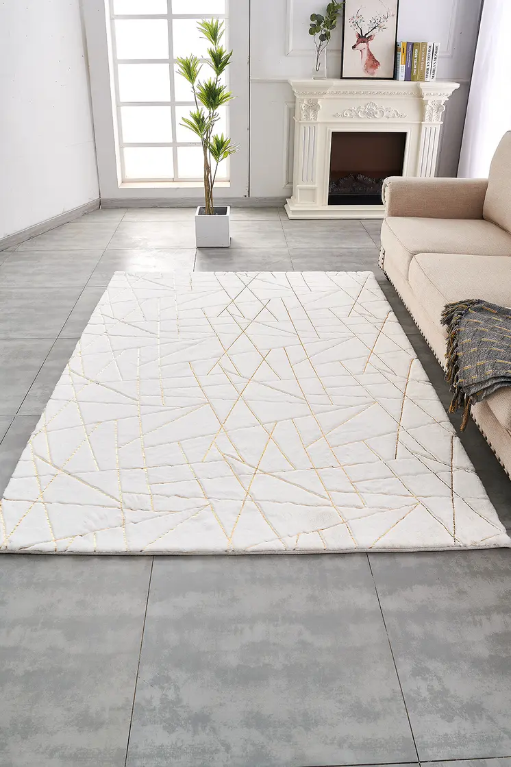 3' X 5' White and Gold Faux Fur Abstract Shag Non Skid Area Rug