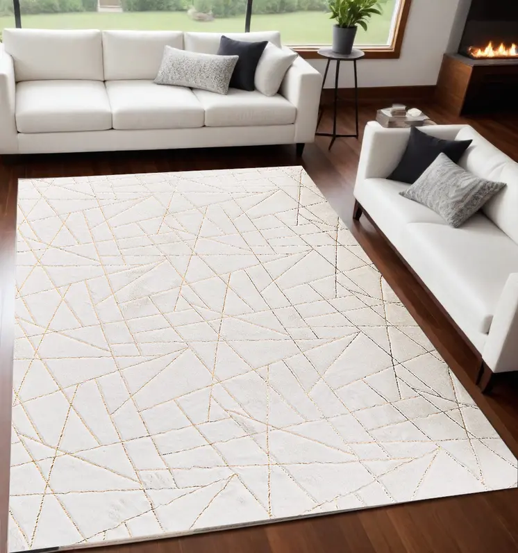 5' X 7' White and Gold Faux Fur Abstract Shag Non Skid Area Rug