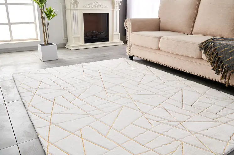 5' X 7' White and Gold Faux Fur Abstract Shag Non Skid Area Rug