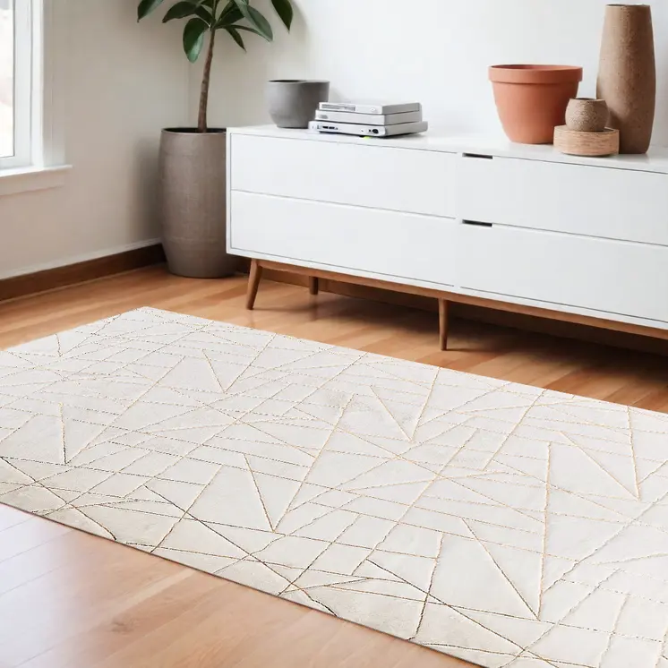 8' X 11' White and Gold Faux Fur Abstract Shag Non Skid Area Rug