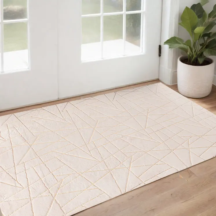 3' X 5' Beige and Gold Faux Fur Abstract Shag Non Skid Area Rug