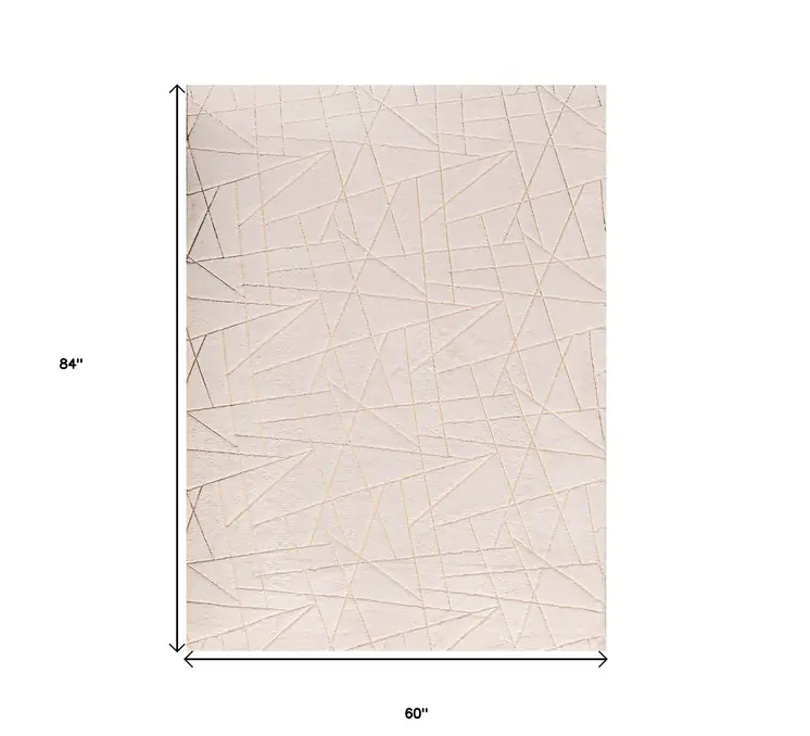5' X 7' Beige and Gold Faux Fur Abstract Geometric Washable Non Skid Area Rug
