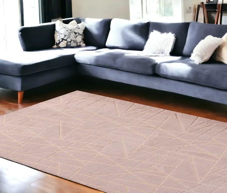 8' X 11' Pink and Gold Faux Fur Abstract Shag Non Skid Area Rug