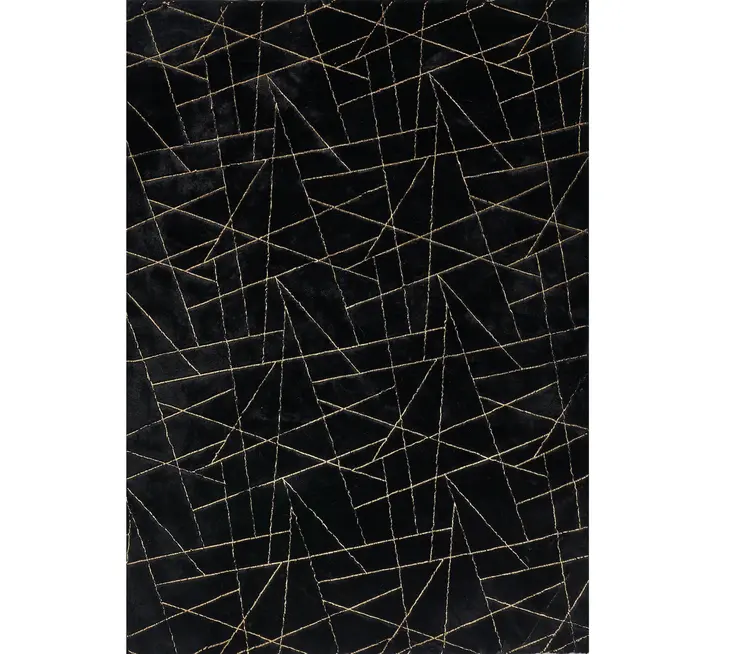 3' X 5' Black and Gold Faux Fur Abstract Shag Non Skid Area Rug