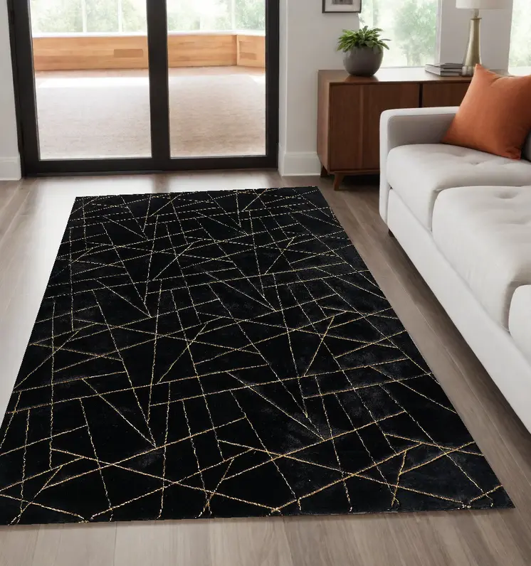 5' X 7' Black and Gold Faux Fur Abstract Shag Non Skid Area Rug