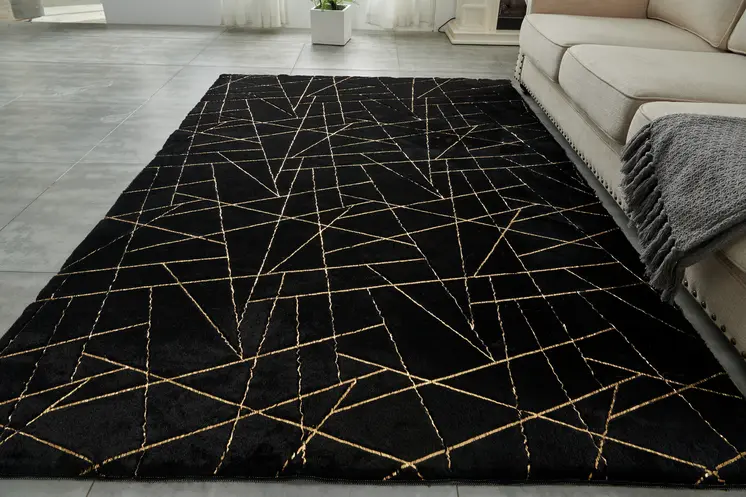 8' X 11' Black and Gold Faux Fur Abstract Shag Non Skid Area Rug