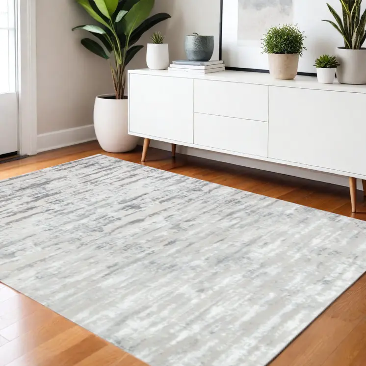 4' X 6' Silver Gray And Off White Abstract Washable Area Rug