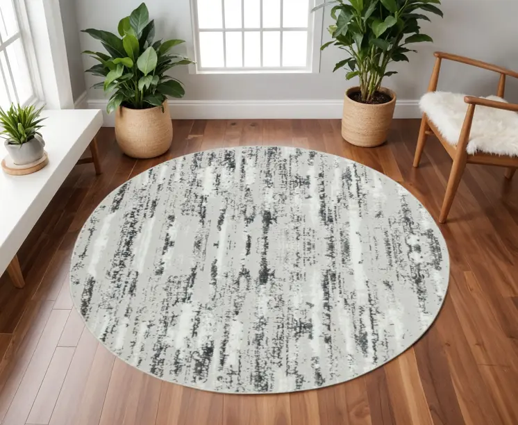 7' Silver Gray And Off White Abstract Washable Round Rug