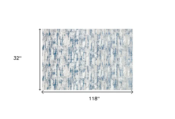 10' Navy Blue Gray And Off White Abstract Washable Runner Rug