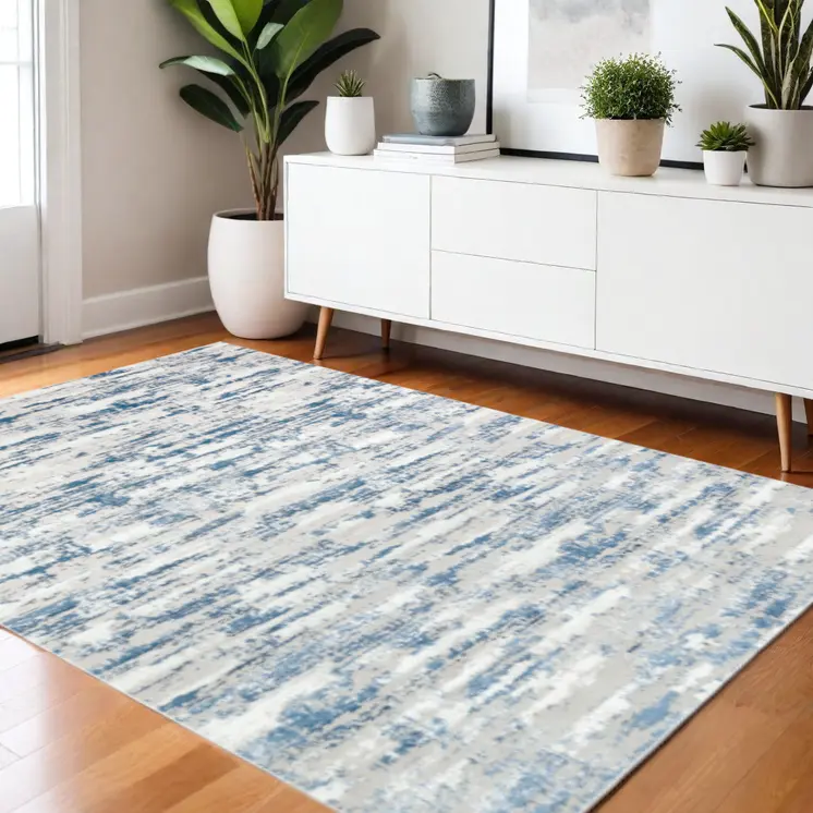 4' X 6' Navy Blue Gray And Off White Abstract Washable Area Rug