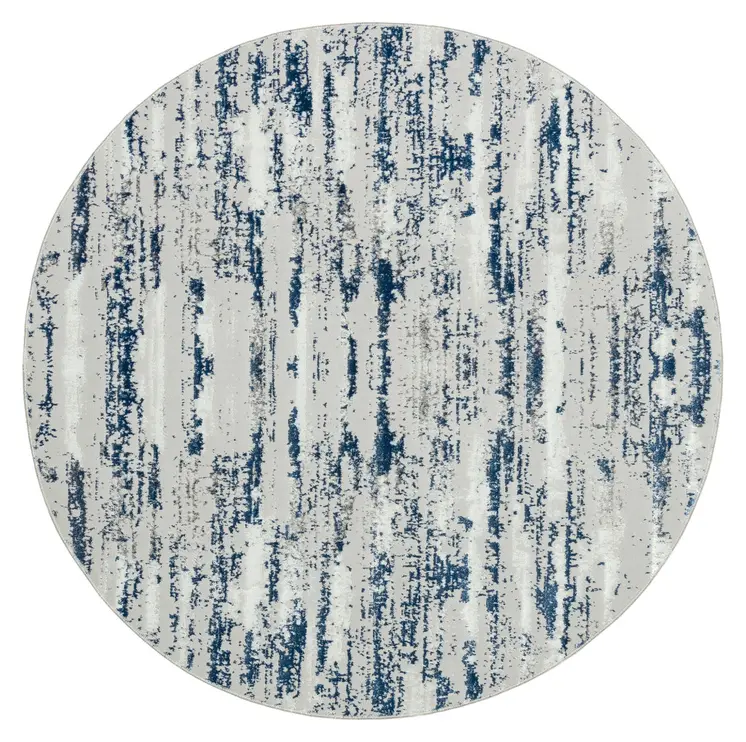 4' Navy Blue Gray And Off White Abstract Washable Round Rug