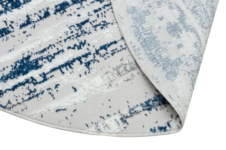 4' Navy Blue Gray And Off White Abstract Washable Round Rug