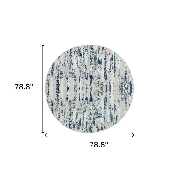 7' Navy Blue Gray And Off White Abstract Washable Round Rug