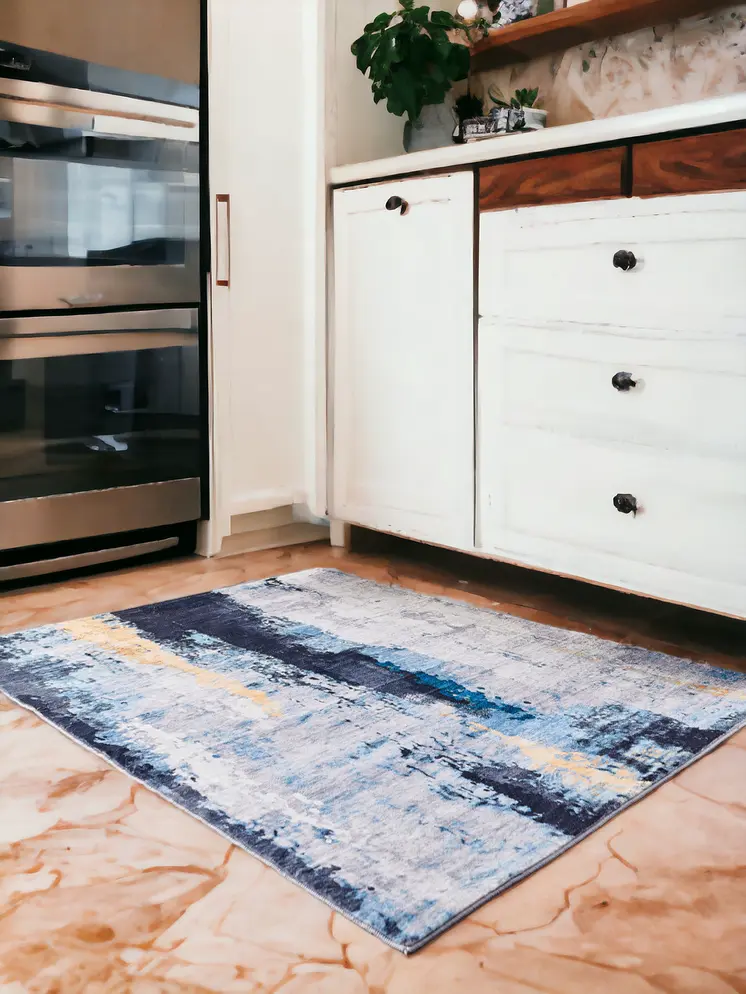 4' X 6' Blue and Yellow Abstract Printed Washable Non Skid Area Rug